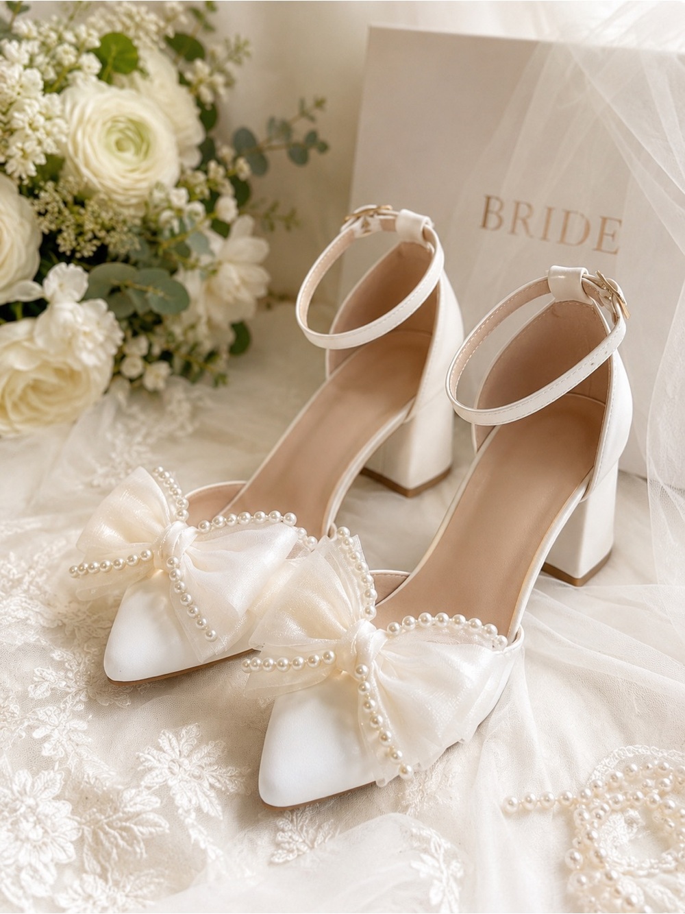🤍 White Pearl Bow Bridal Heels | EU 41 US 10  | New in Box